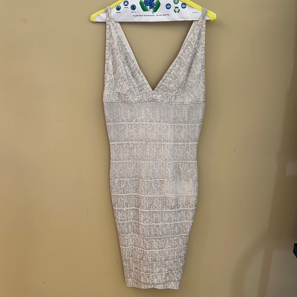Herve Leger Silver Bodycon V-Neck - Size Small